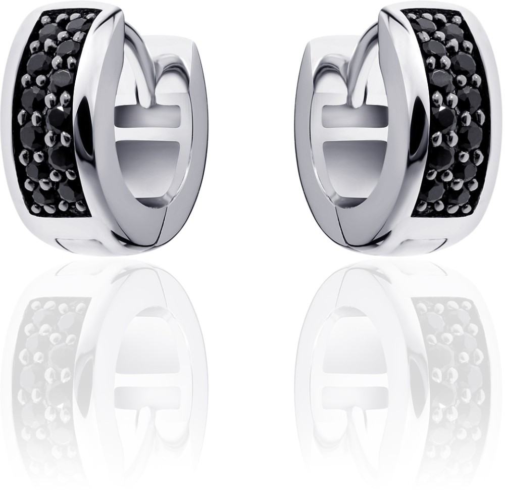 Gisser Jewels - Oorbellen - Oorringen - Vlak gezet met Zwart Zirkonia met scharnier - 5mm Breed - 12mmØ - Gerhodineerd Zilver 925
