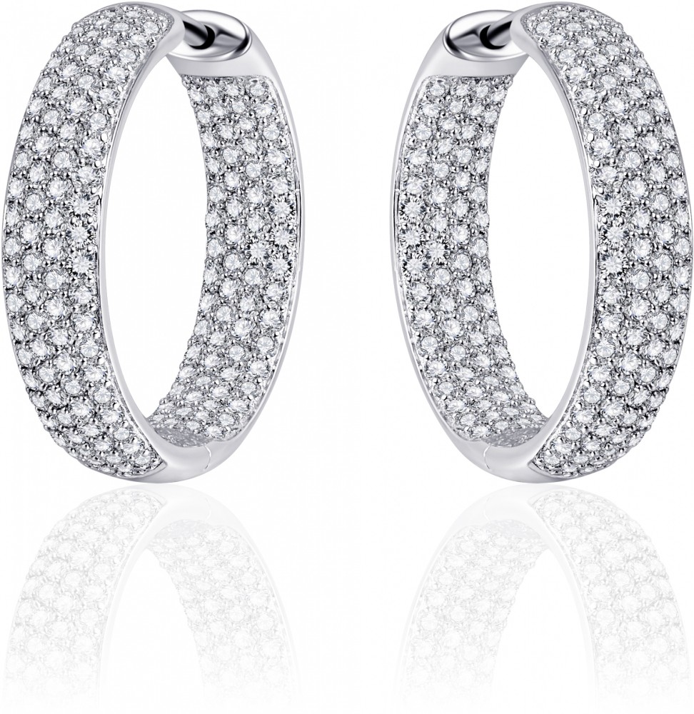Gisser Jewels - Oorbellen - Oorringen met Scharnier - Licht Gebold gezet met Zirkonia - 5mm Breed - 23mmØ - Gerhodineerd Zilver 925