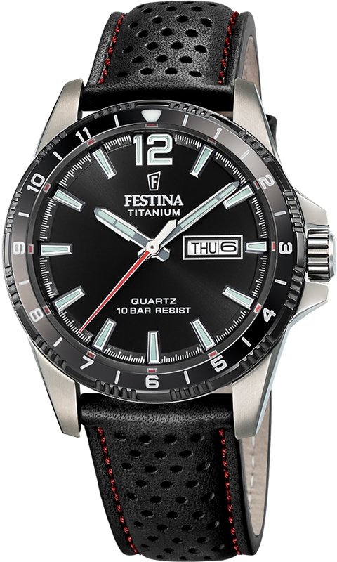 Festina F20699/4 Titanium Heren Horloge Zwarte Wijzerplaat Zwart Leer